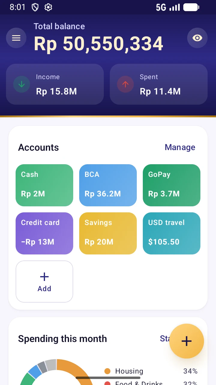 The Wallet by LifeOS dashboard with accounts and net worth