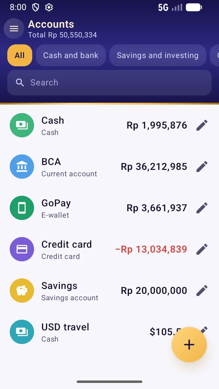 Accounts screen