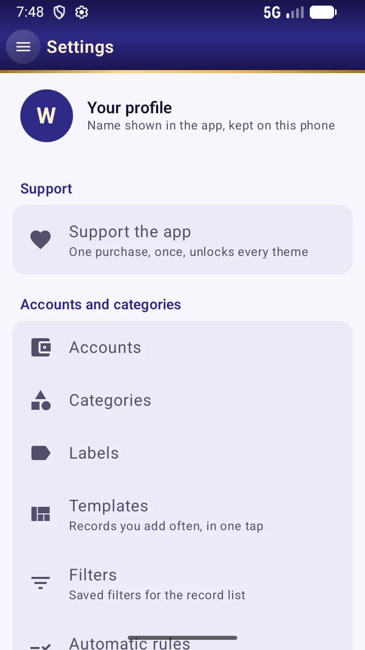 Settings & backup screen
