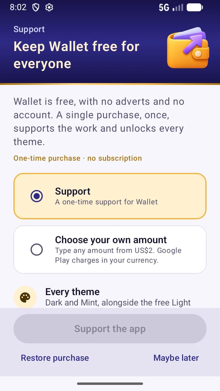 Support & themes screen